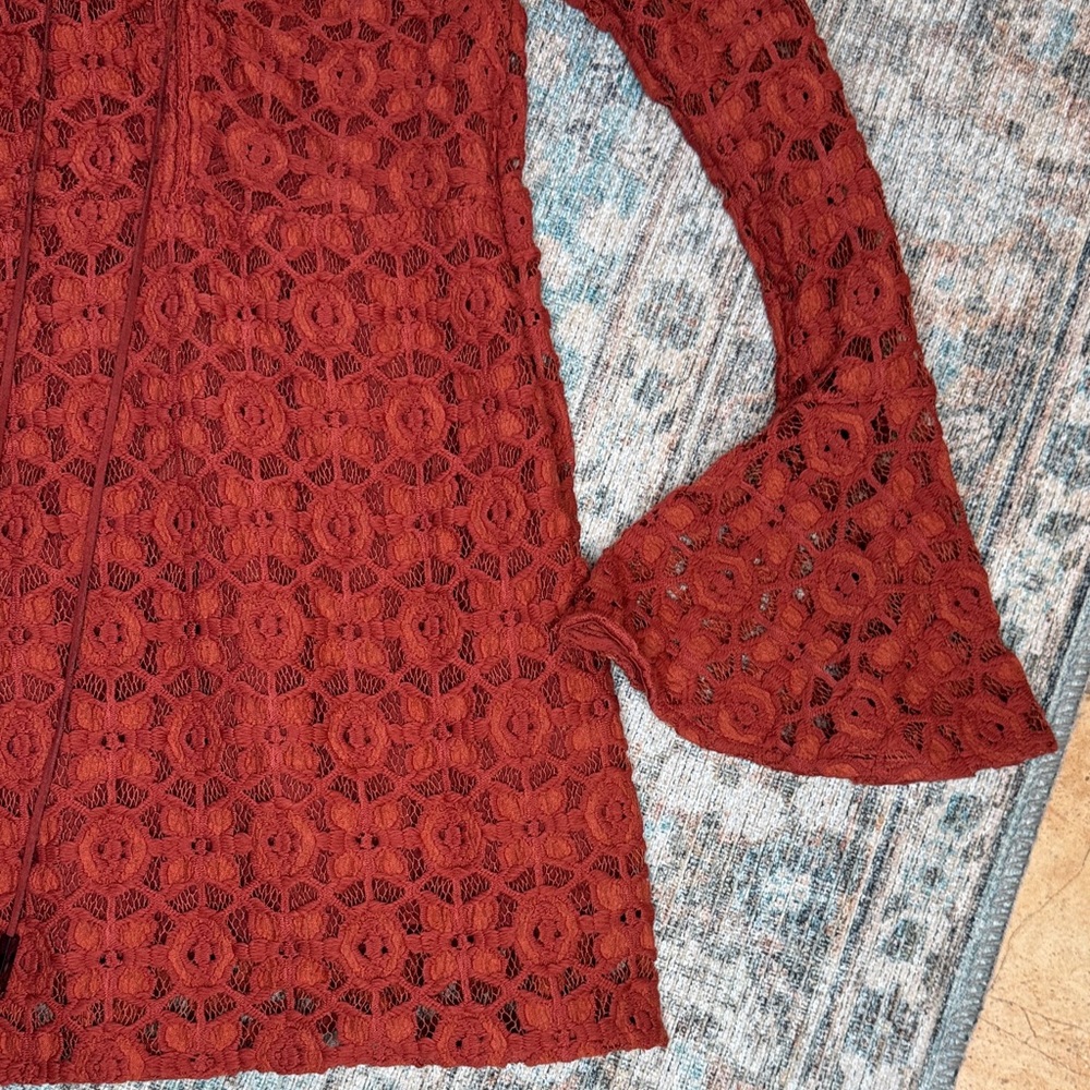 Free People Terracotta Lace Crotched Mini Dress Bell Sleeves Slim Fit -2 - Picture 7 of 14